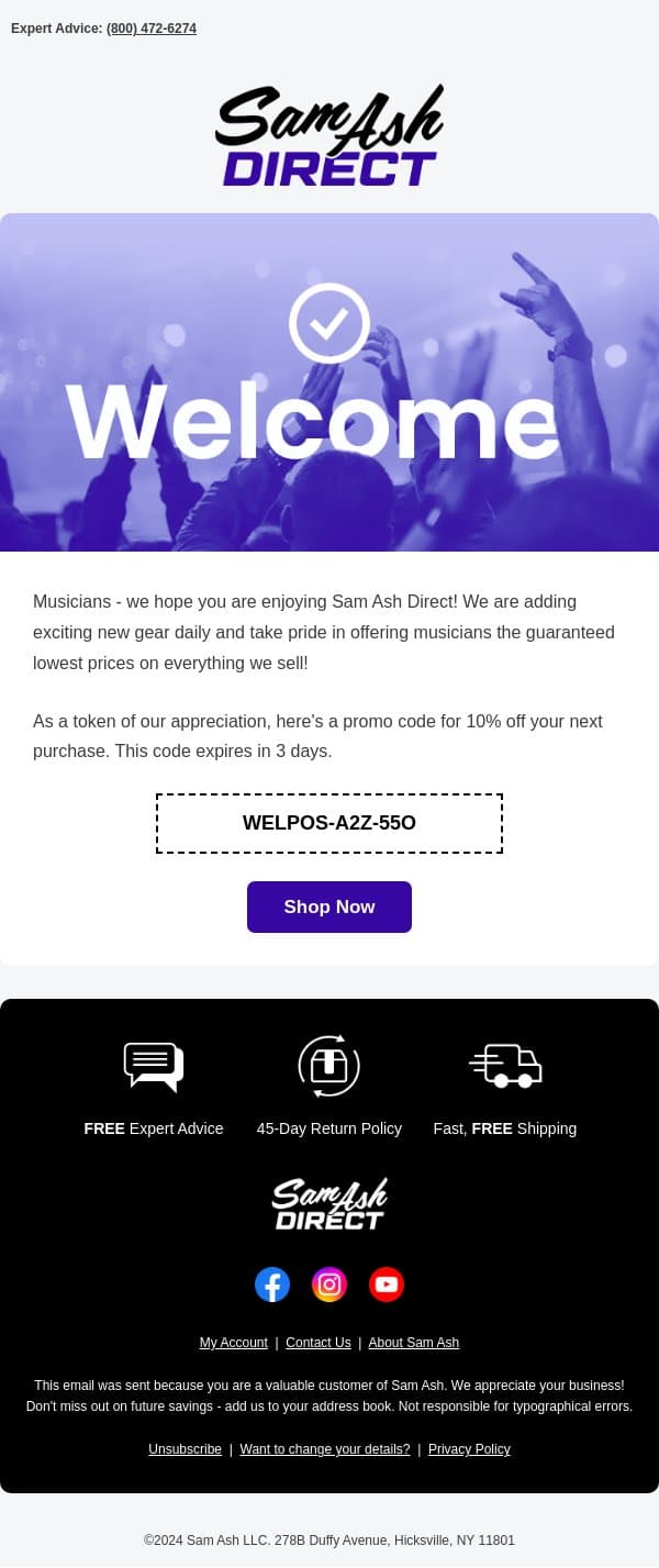 How does this sound? email from Sam Ash screenshot