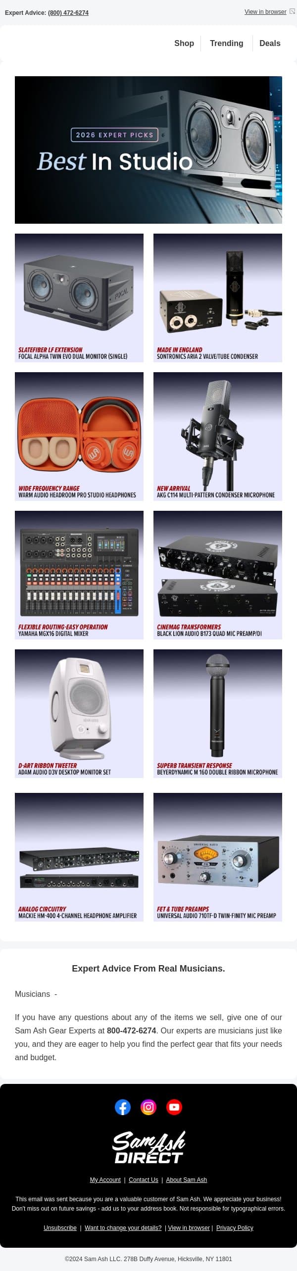 Studio Standards for 2026 email from Sam Ash screenshot