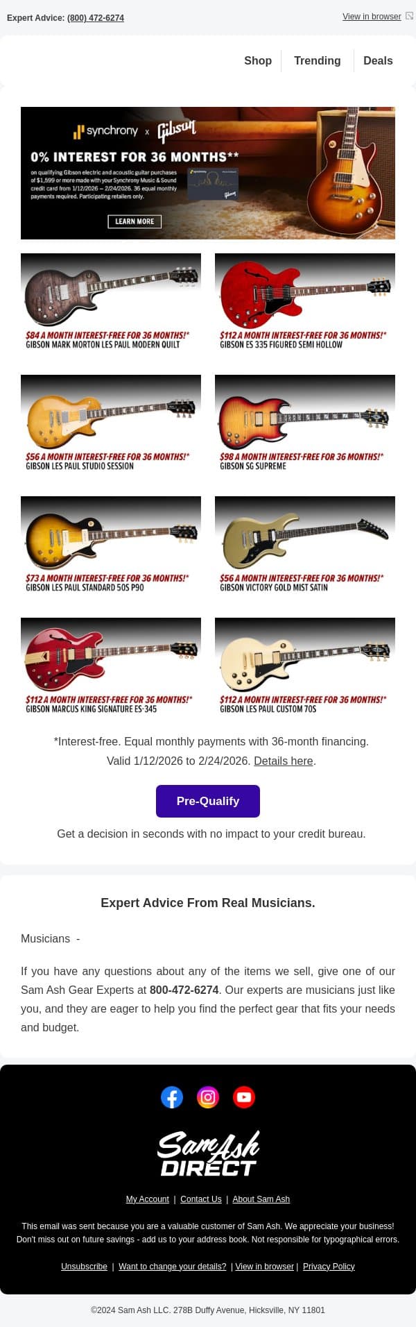 Our Valentine? Gibson Guitars! 2026 Favorites Inside email from Sam Ash screenshot
