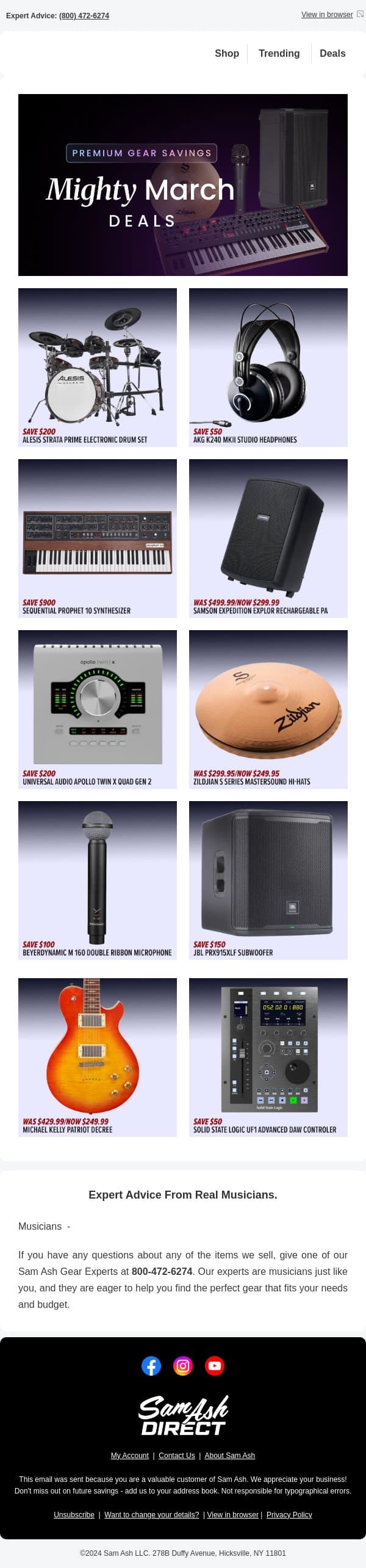 🎉 March deals are here: Shop and save now! email from Sam Ash screenshot