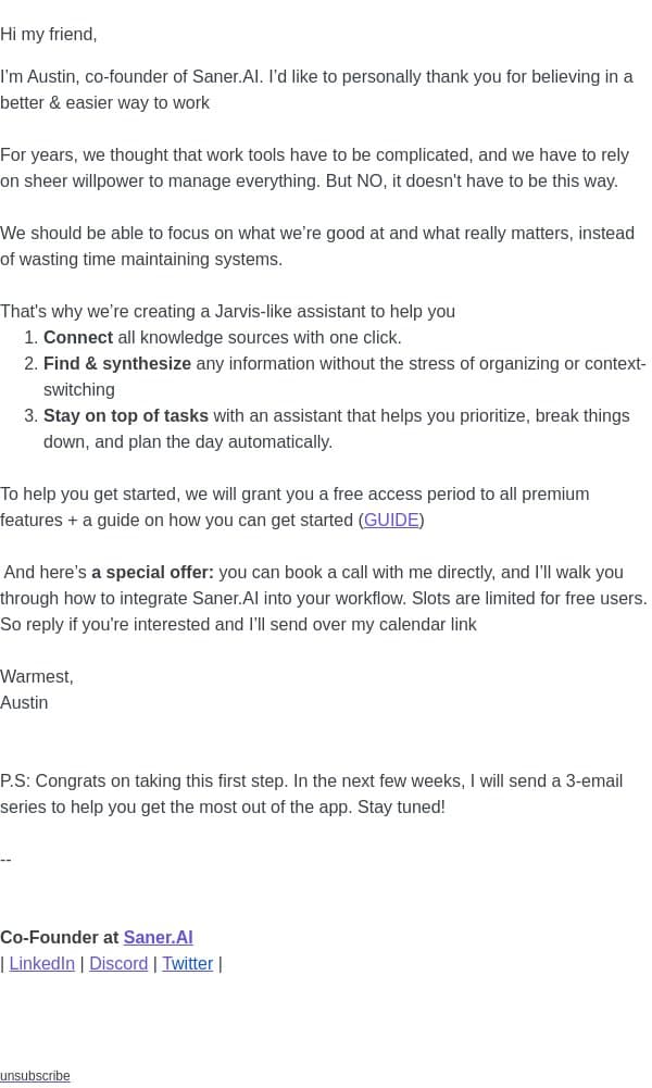 Welcome to Saner.AI (1 of 4) email from Saner.ai screenshot