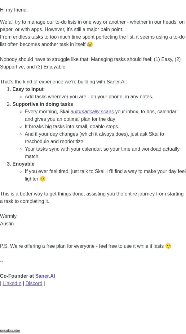 Stop the todo list fatigue (2 of 4) email from Saner.ai screenshot