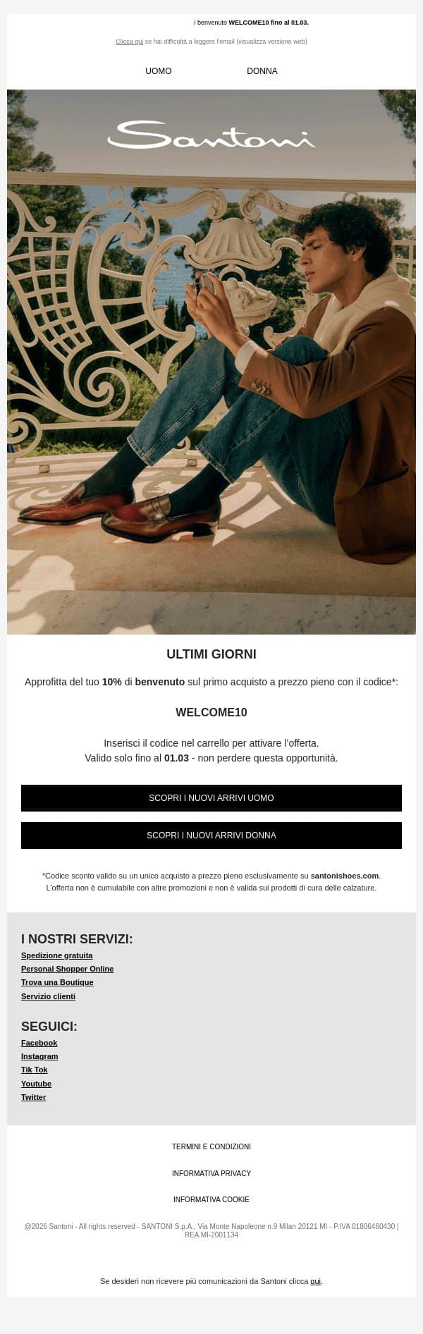 Ultimi giorni: utilizza il 10% di sconto email from Santoni screenshot
