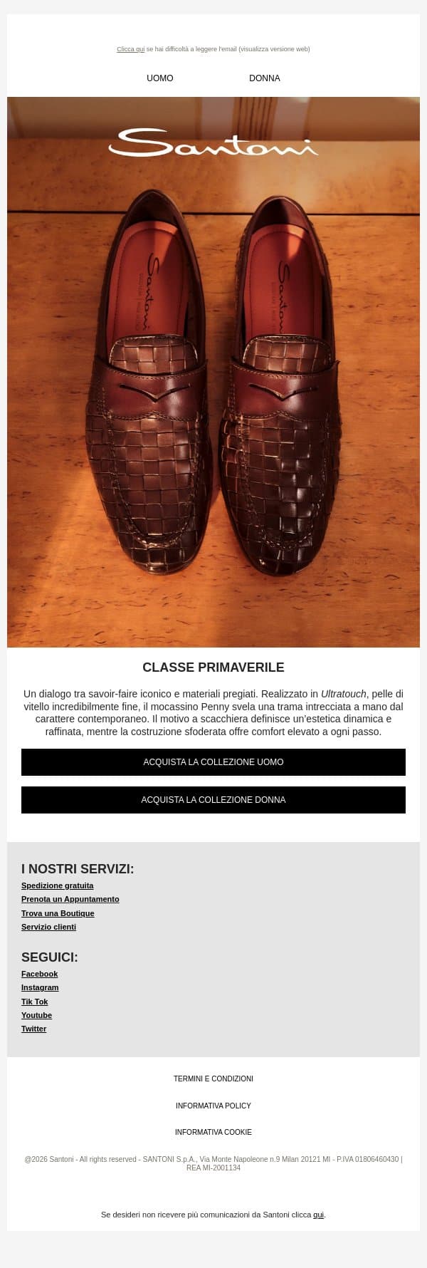 L'artigianalità del mocassino Penny email from Santoni screenshot