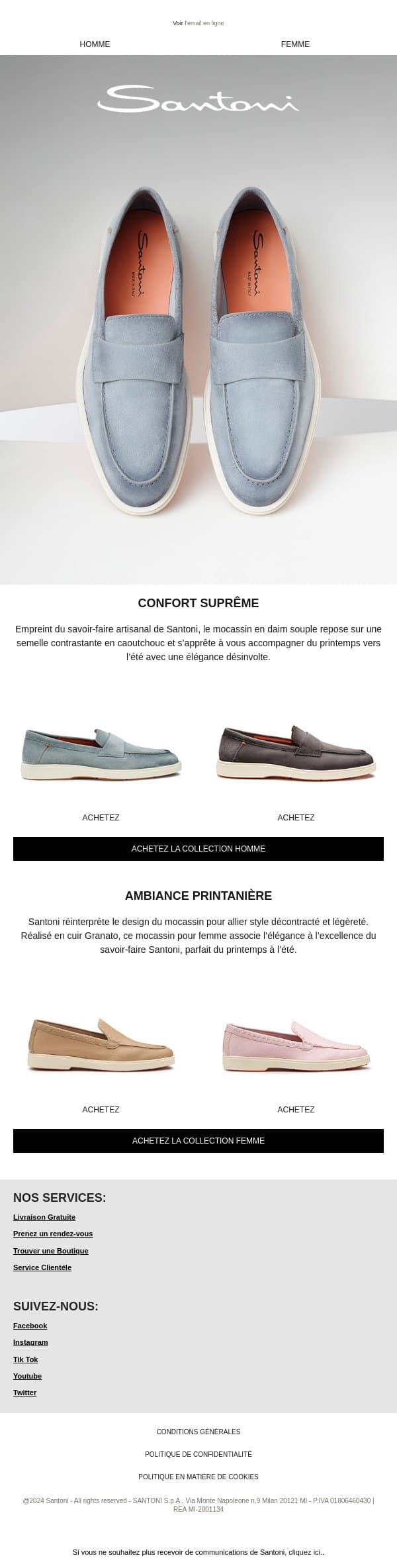 Mocassins en daim, pur style email from Santoni screenshot