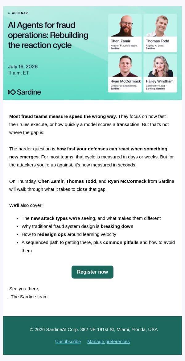 [July 16 webinar] How fast can your fraud system actually learn? email from Sardine screenshot