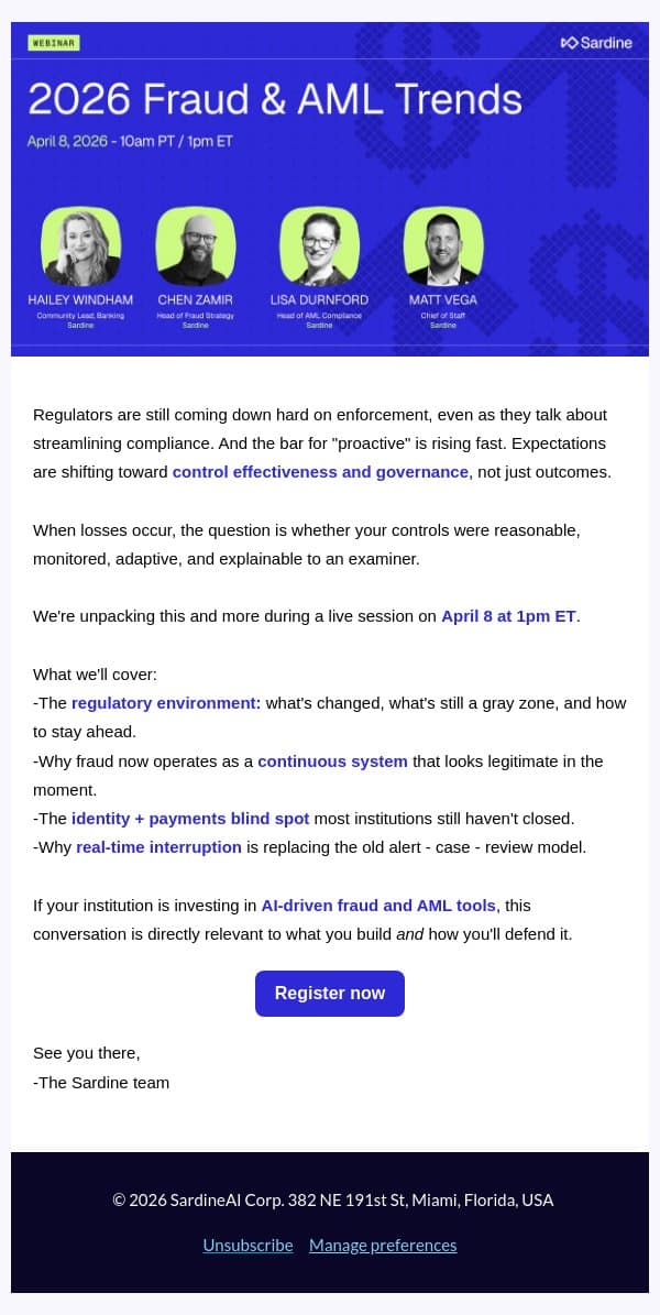 [April 8 webinar] Regulators are raising the bar. Is your program built to meet it? email from Sardine screenshot