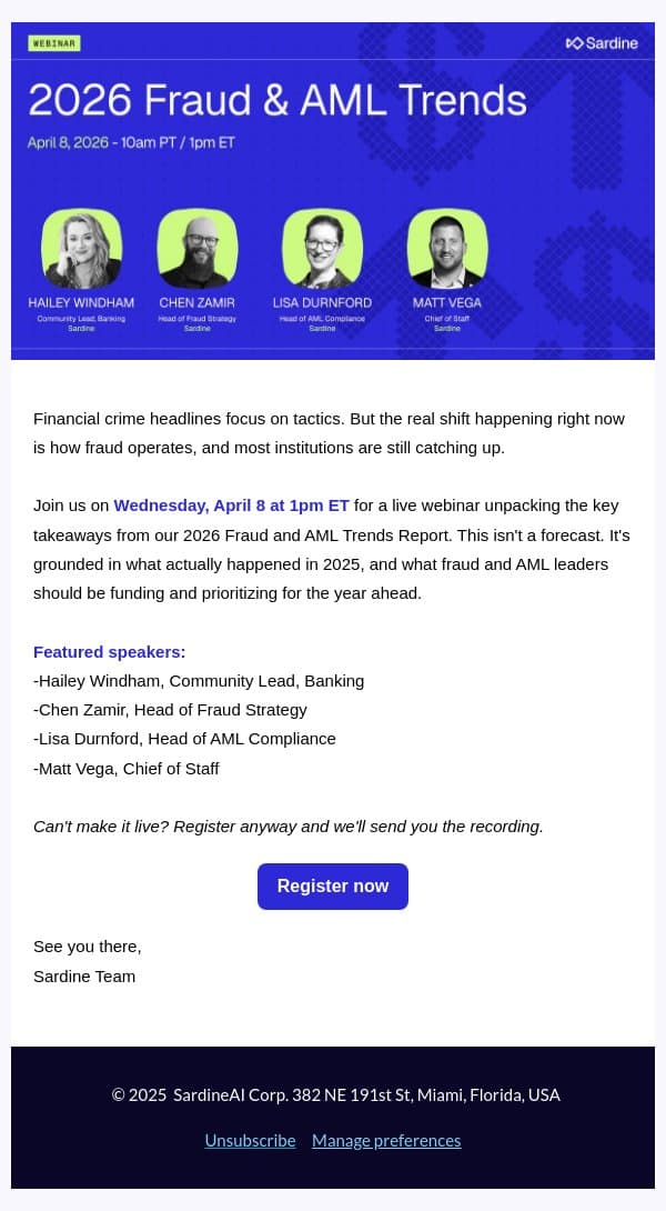 [You’re invited] 2026 Fraud & AML trends — What actually changed (and what to do now) email from Sardine screenshot