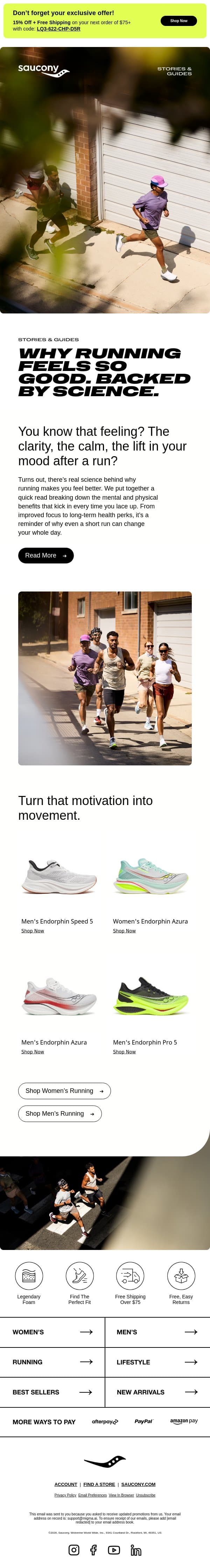 Ever Wonder Why Running Feels So Good? email from Saucony screenshot