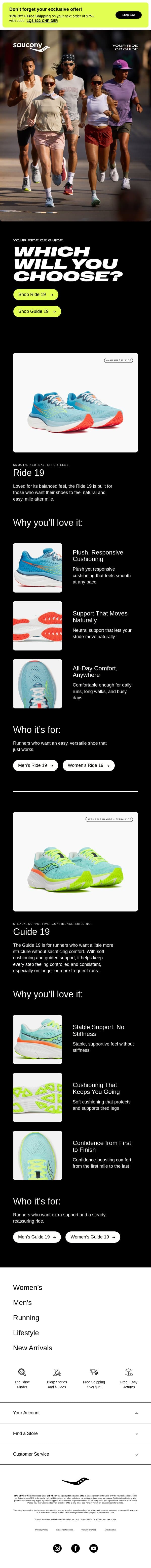 Pick your starter shoe: Ride or Guide? email from Saucony screenshot
