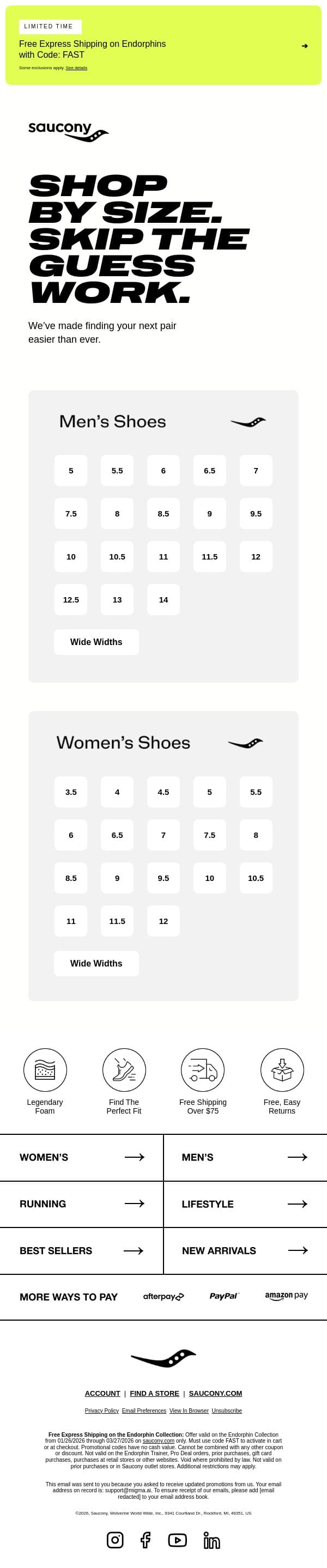 Your size. Your styles. All in one place. email from Saucony screenshot