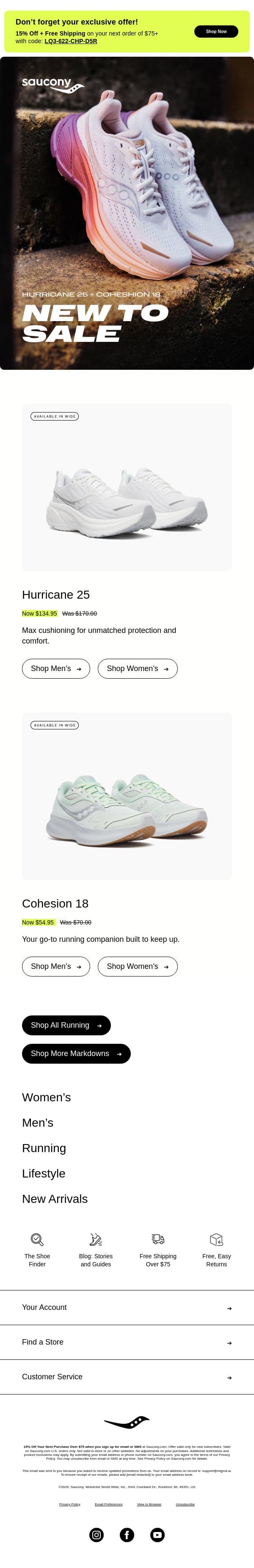 The Hurricane 25 and Cohesion 18 are Now on Sale email from Saucony screenshot