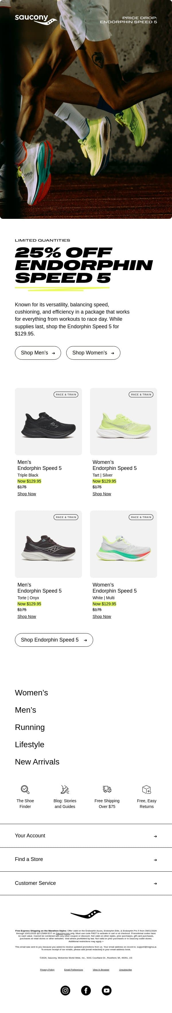 Endorphin Speed 5, now $129.95 email from Saucony screenshot