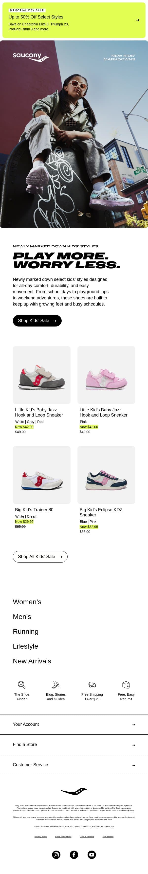 Just Marked Down: Kids’ Favorites email from Saucony screenshot
