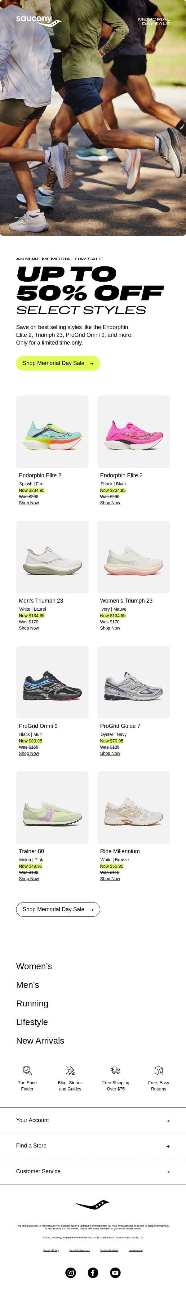 Up to 50% Off 👟 Memorial Day Sale Starts Now email from Saucony screenshot