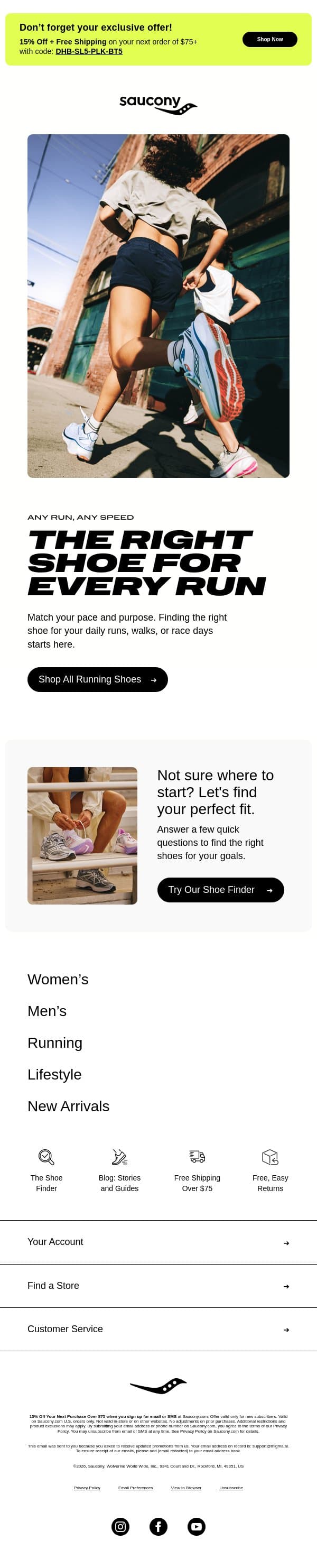 Find Your Perfect Shoe: From Walking to Racing email from Saucony screenshot