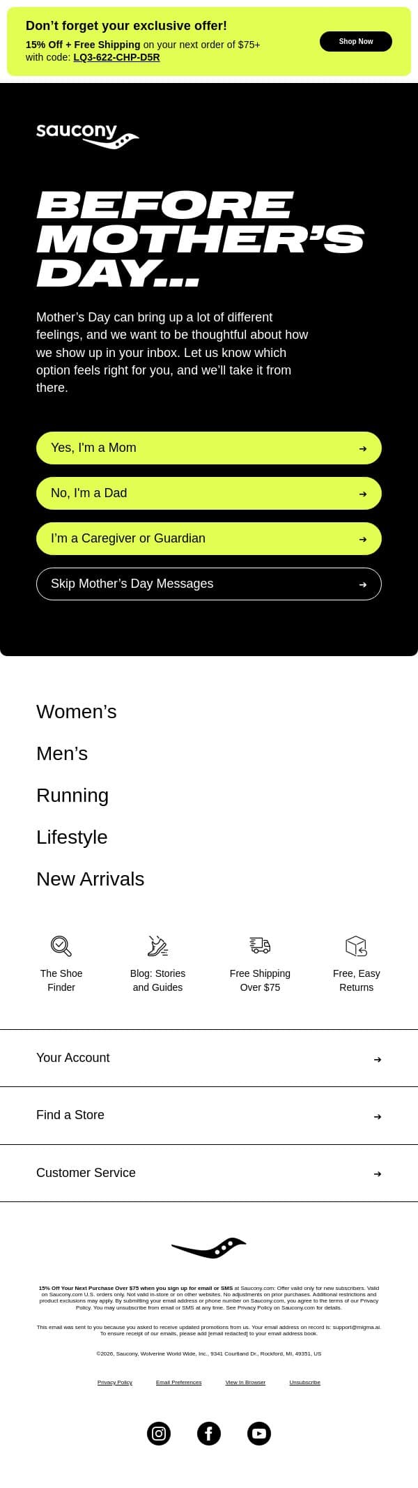Before Mother’s Day, one quick question email from Saucony screenshot