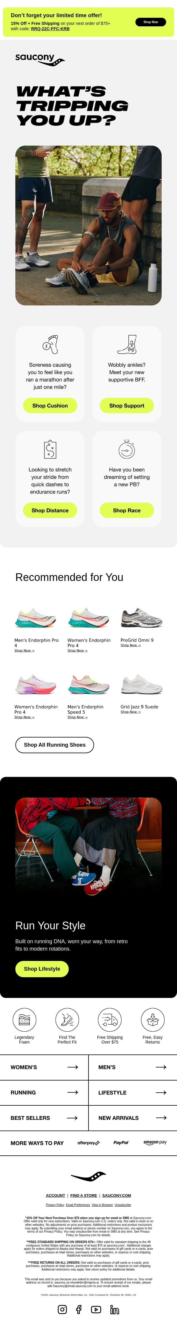 What’s tripping you up? 15% Off Expires Soon. email from Saucony screenshot