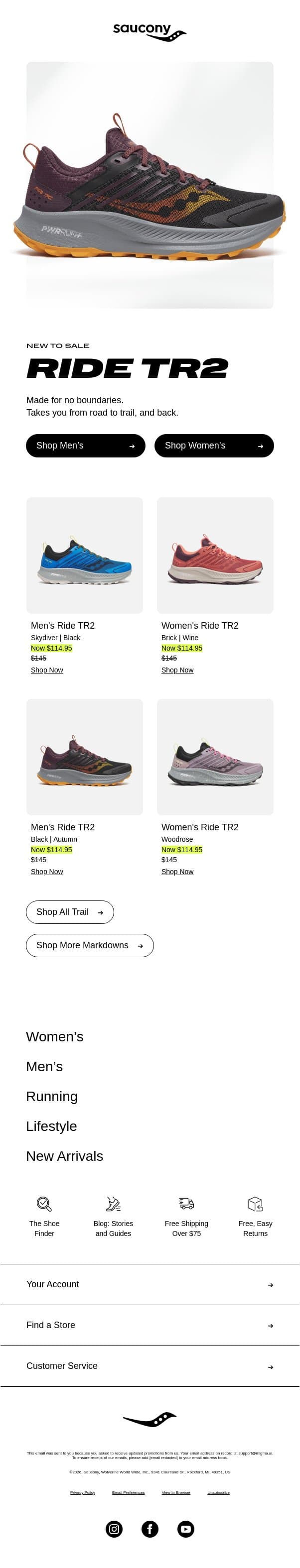 The Ride TR2 is Now on Sale email from Saucony screenshot