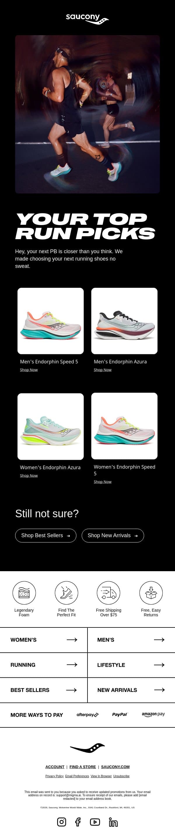 Top Performance Styles Just for You email from Saucony screenshot