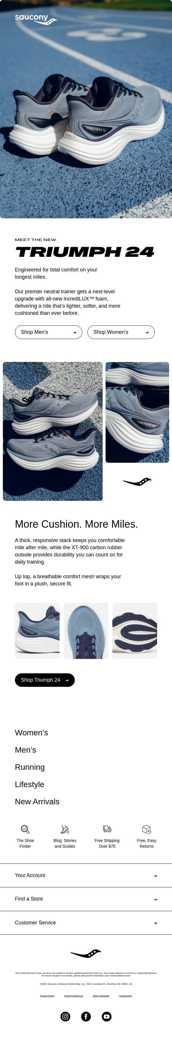 Meet the New Triumph 24. More Cushion. More Miles. email from Saucony screenshot