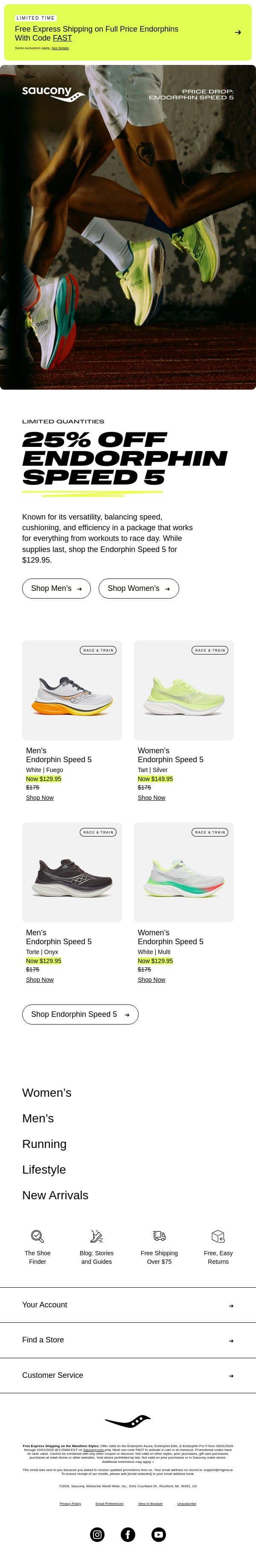 Up to 50% off select styles email from Saucony screenshot