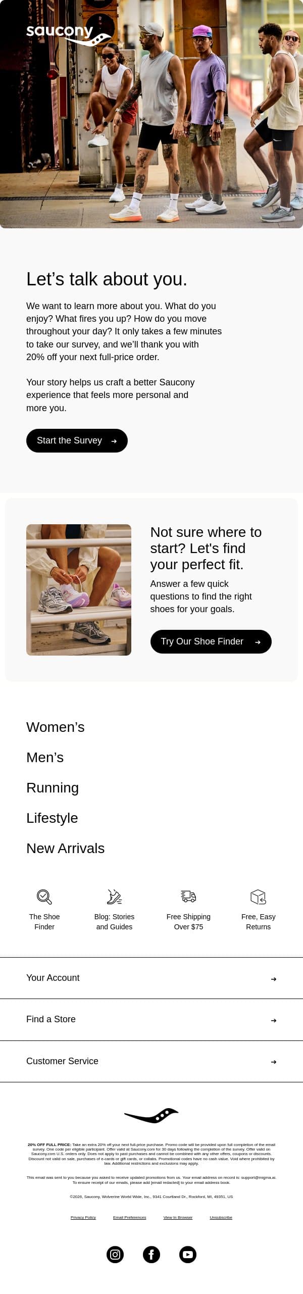Don't miss your 20% off reward email from Saucony screenshot