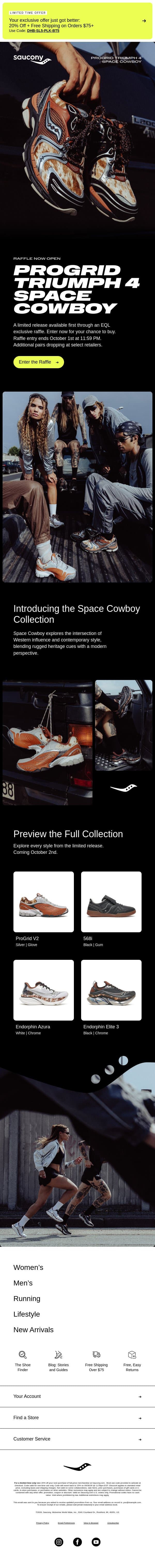 Open Now: Enter the ProGrid Triumph 4 Space Cowboy EQL Raffle email from Saucony screenshot