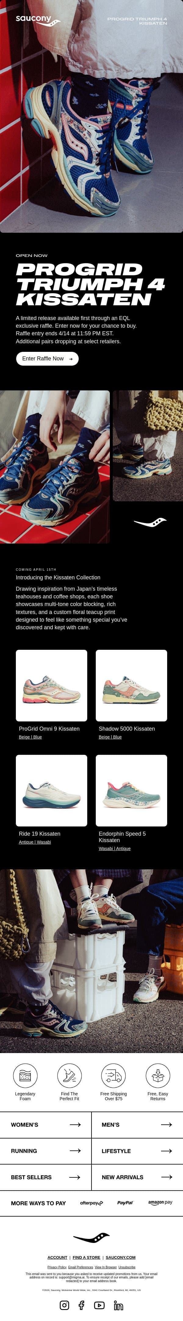 Open Now: Enter the ProGrid Triumph 4 Kissaten EQL Raffle email from Saucony screenshot