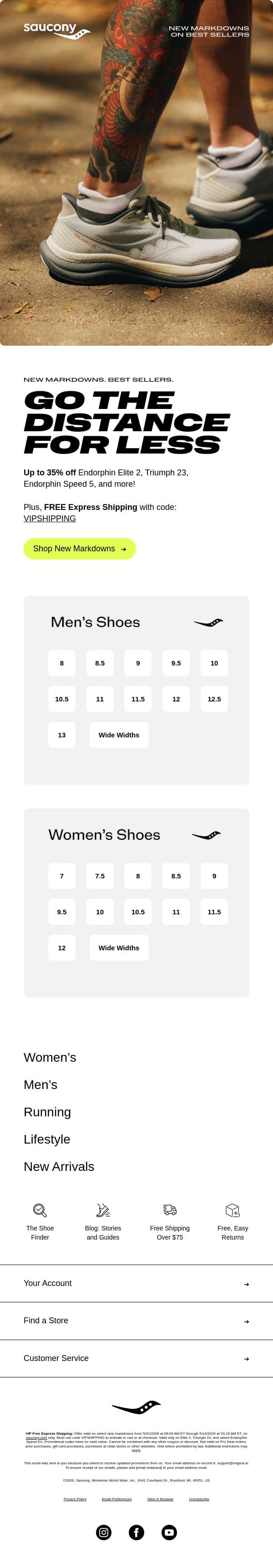 Your size, your deals email from Saucony screenshot