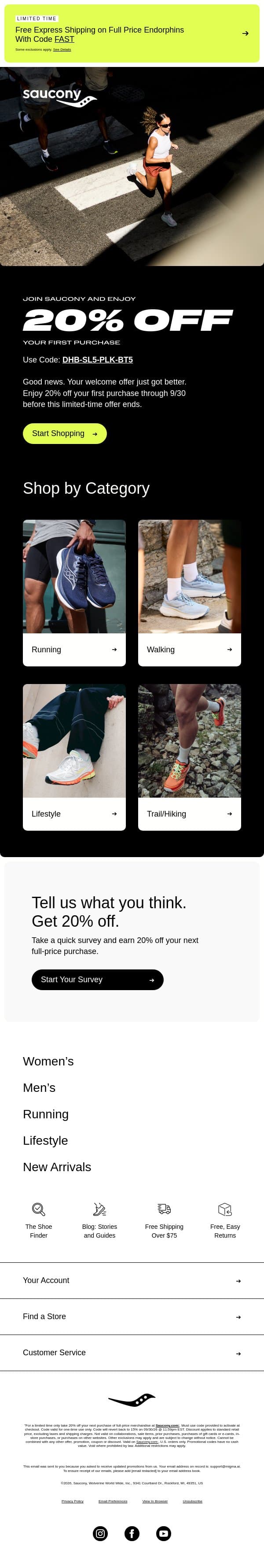 Your welcome offer went up to 20% off email from Saucony screenshot