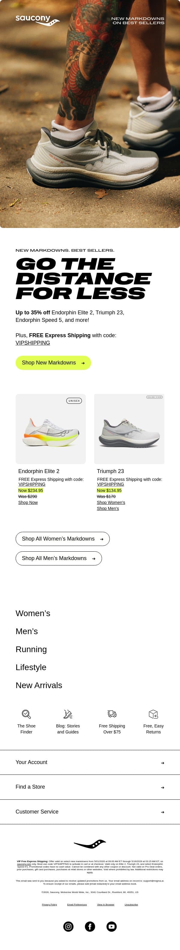 Ends Tonight: Free Express Shipping on Top Racing Styles email from Saucony screenshot