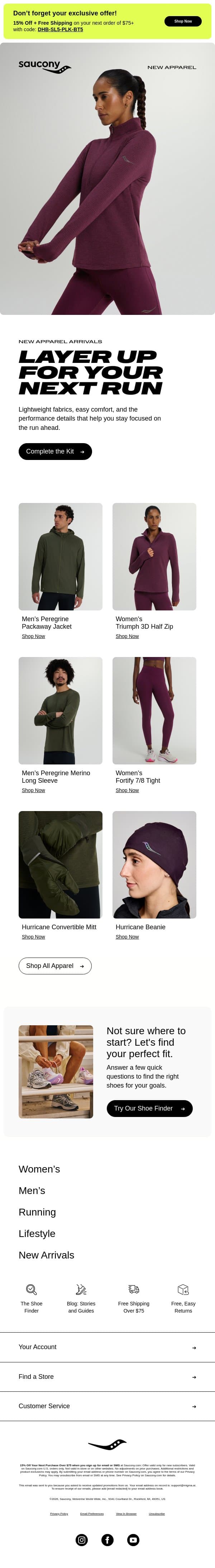 New apparel for late summer miles. email from Saucony screenshot
