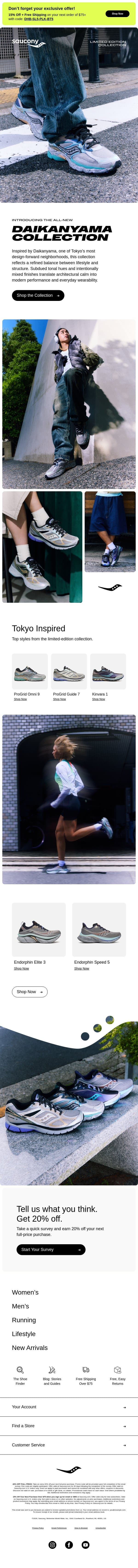 The new Daikanyama Collection email from Saucony screenshot