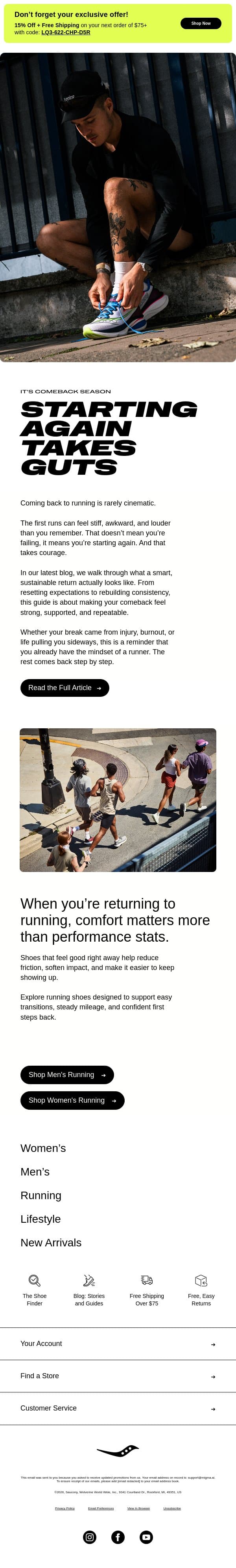 Getting Back to Running? Read This First email from Saucony screenshot