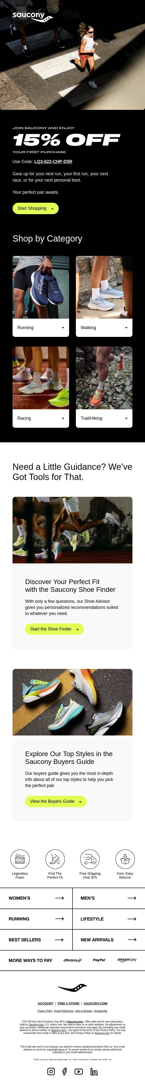 Unlock Your Welcome Discount Before It Runs Out email from Saucony screenshot