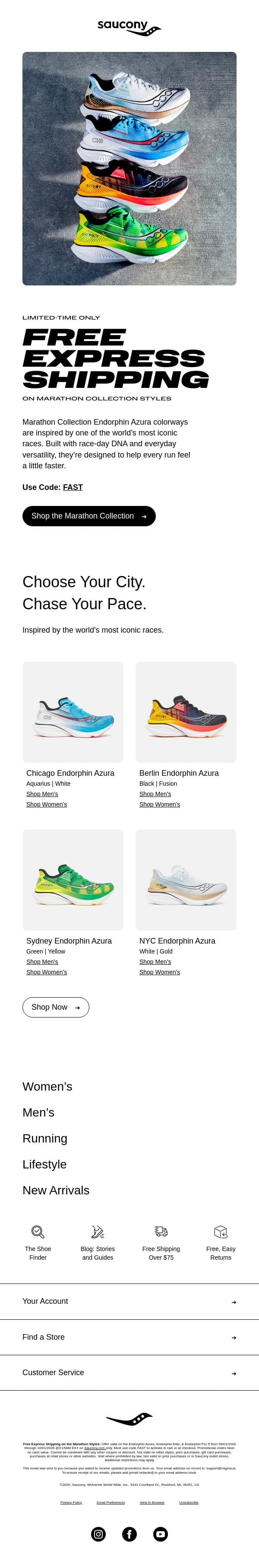 Marathon Season Is Calling. We'll Cover The Shipping. email from Saucony screenshot