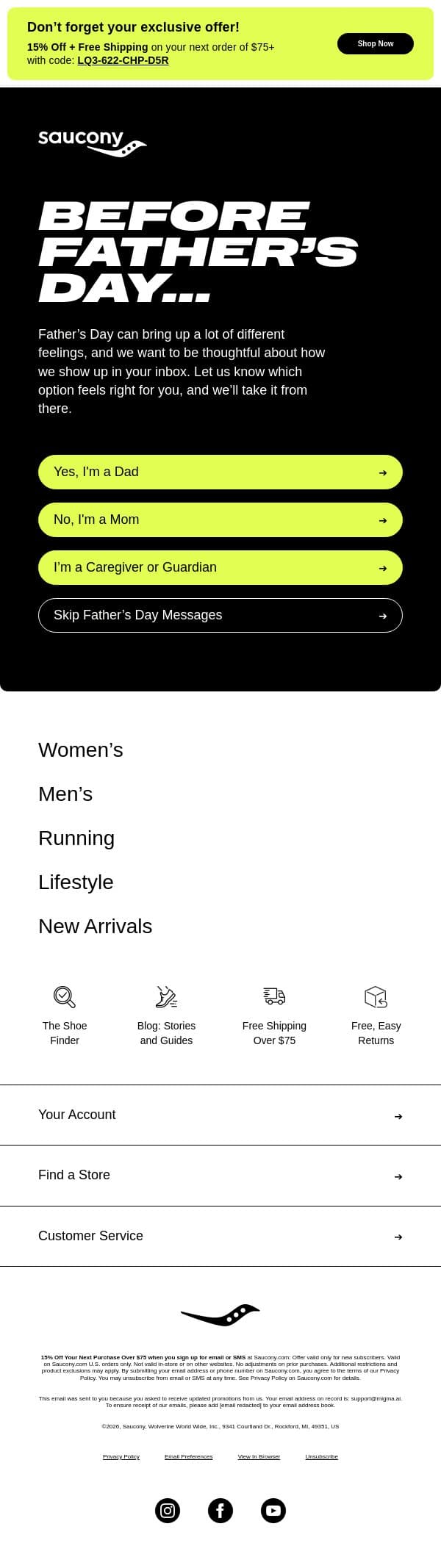 Before Father’s Day, one quick question email from Saucony screenshot