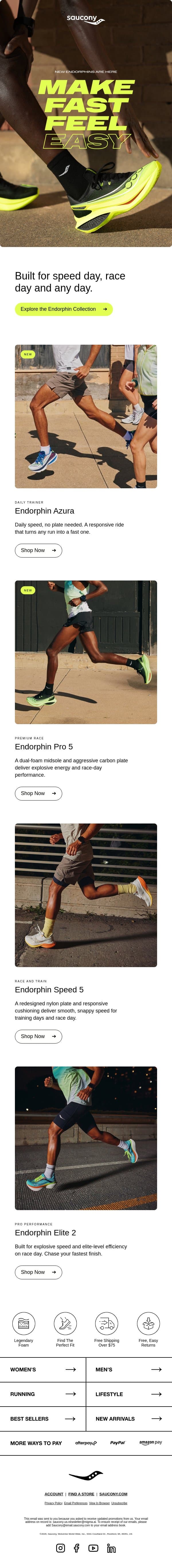 The NEW Endorphin Azura + Pro 5 have arrived! email from Saucony screenshot