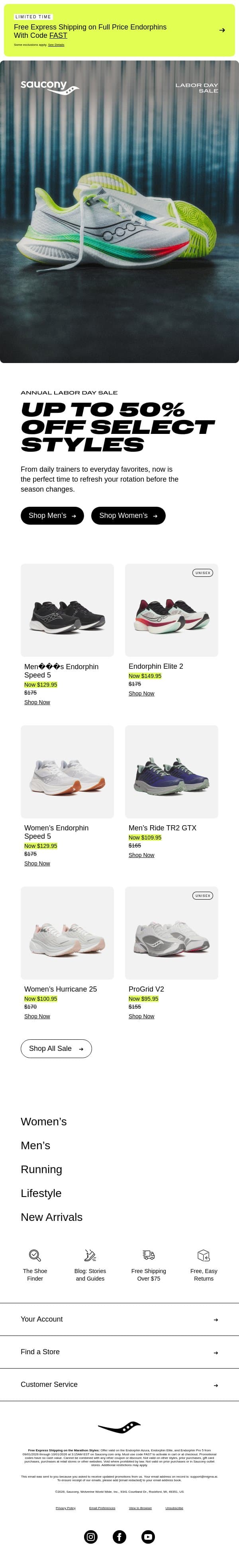 Labor Day Sale Continues: Up to 50% Off Select Styles email from Saucony screenshot
