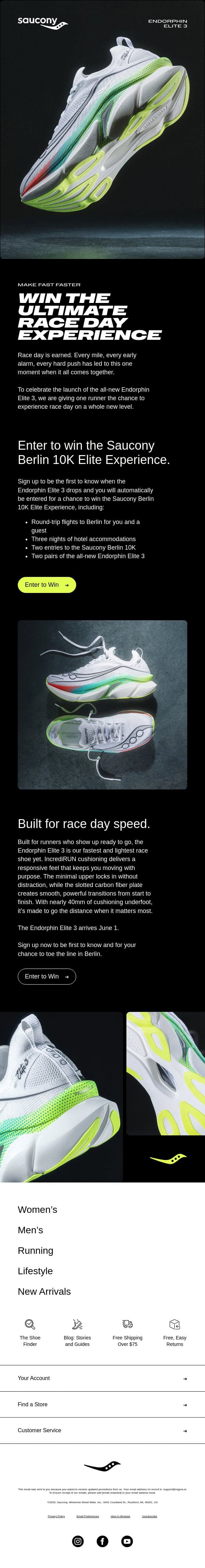 Win the Ultimate Race Day Experience + the All‑New Endorphin Elite 3 email from Saucony screenshot