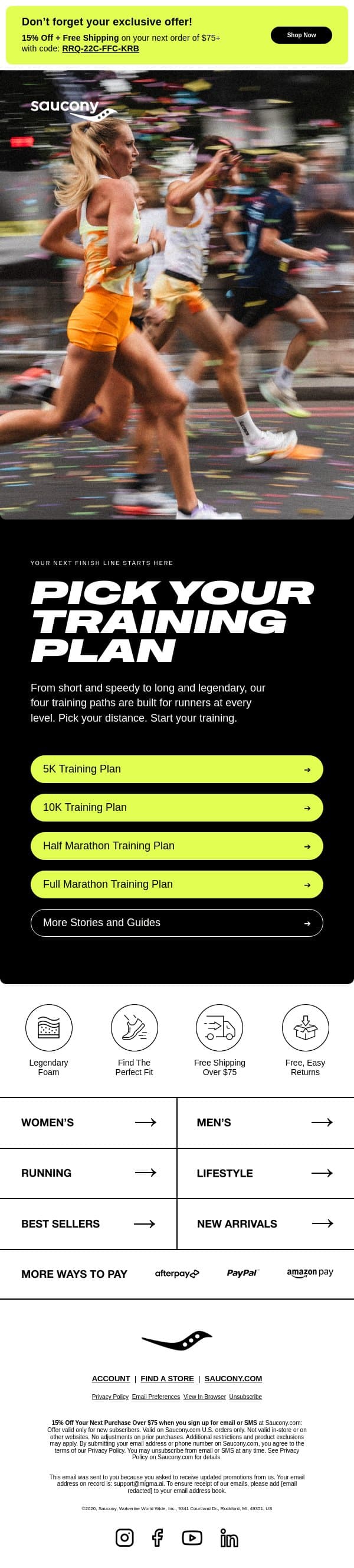 Pick Your Training Plan email from Saucony screenshot