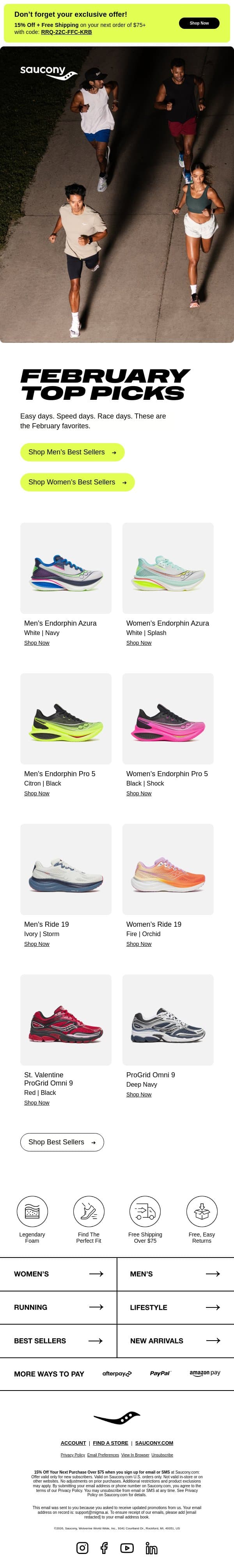 February’s Best Sellers Are In email from Saucony screenshot