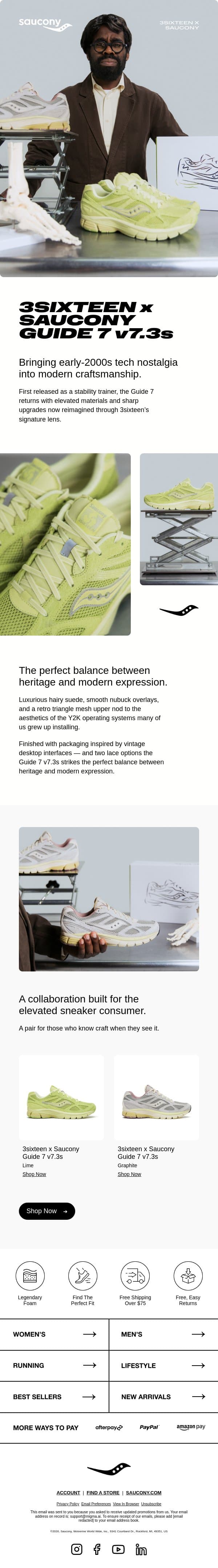 3sixteen x Saucony Guide 7 v7.3s are now live! email from Saucony screenshot