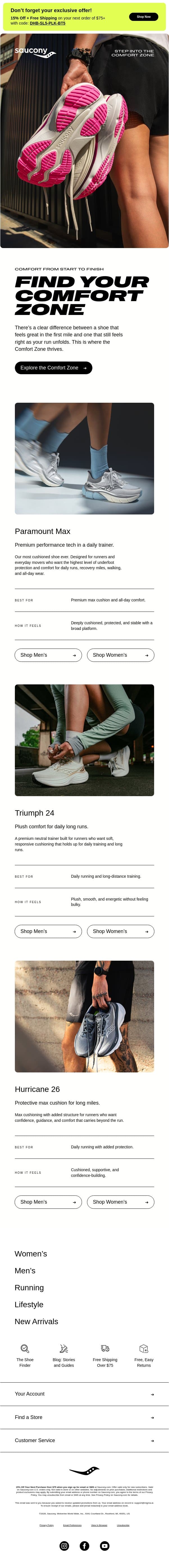 Step into the comfort zone email from Saucony screenshot