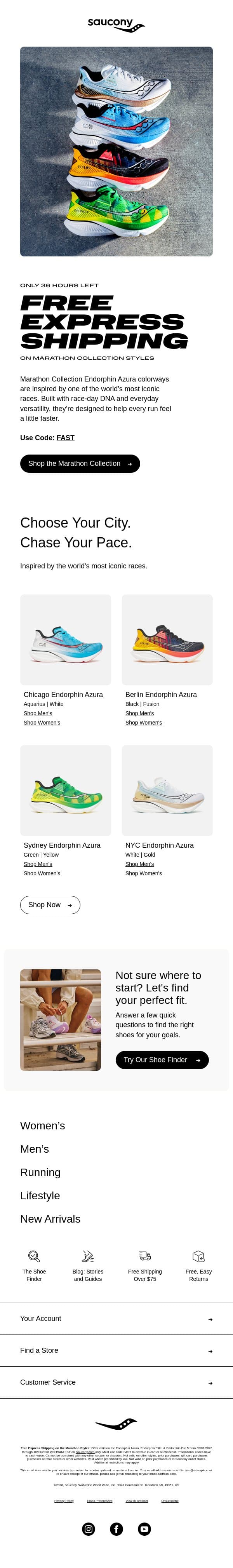 36 hours left: Free Express Shipping on select Endorphins email from Saucony screenshot