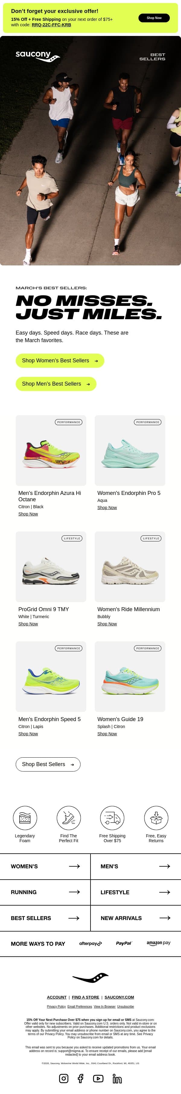 March Best Sellers Are In email from Saucony screenshot