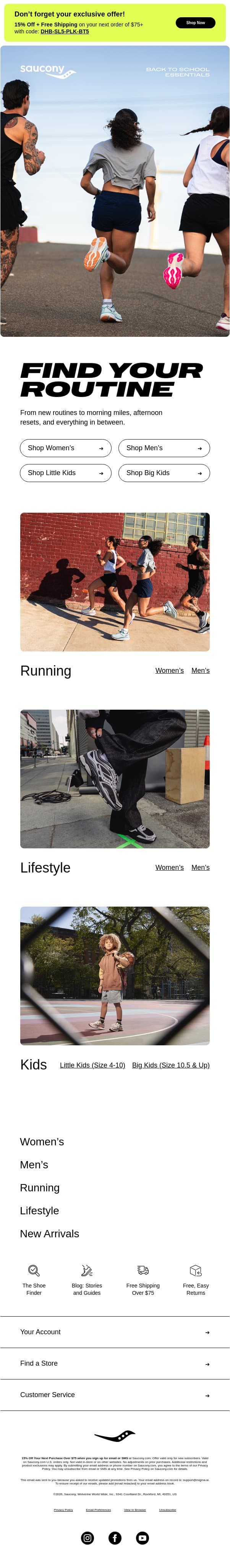 Back-to-school Essentials email from Saucony screenshot
