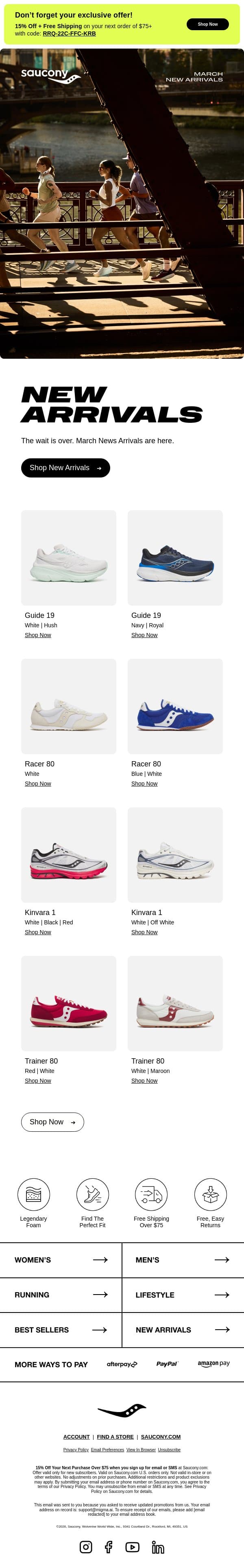 NEW ARRIVALS email from Saucony screenshot
