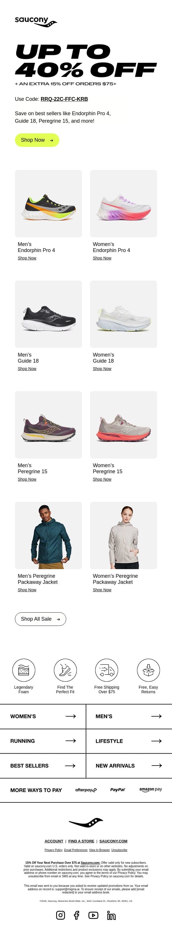 Up to 40% off + an extra 15% off orders $75+ email from Saucony screenshot